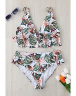 Conjunto de bikini triangular con volantes y estampado botánico