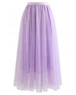 Falda larga de malla de colores mezclados con lentejuelas brillantes en lila