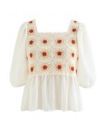 Top empalmado de crochet floral boho color crema