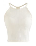 Top acanalado con cuello halter y espalda de nadador en color crema