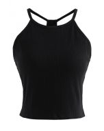 Top acanalado con cuello halter y espalda de nadador en negro