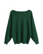 Cozy Boat Neck Batwing Sleeve Sweater en verde oscuro