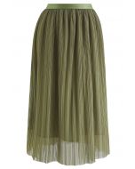 Falda de tul de malla de doble capa plisada en verde musgo