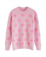 Suéter de punto de corazón esponjoso con ribete de perlas en rosa