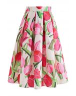 Falda midi con estampado de tulipanes metálicos brillantes