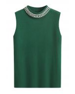 Top de punto sin mangas con cuello alto adornado con perlas en verde oscuro