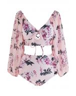 Conjunto de bikini de manga semitransparente floral rosa