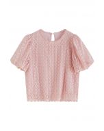 Top de manga corta con burbujas de crochet completo en rosa