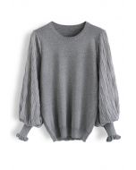 Top de punto con mangas abullonadas Shiny Lines en gris